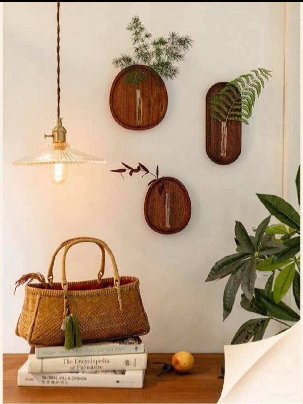 7-Piece Wooden Oval Wall Vase Set with Glass Tubes – Brown